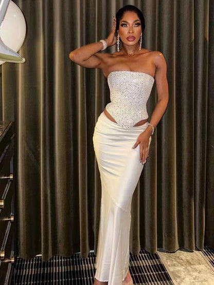 Rhinestone Lace Up Back Corset And Long Skirt Party 2-Piece Set For Women 2026