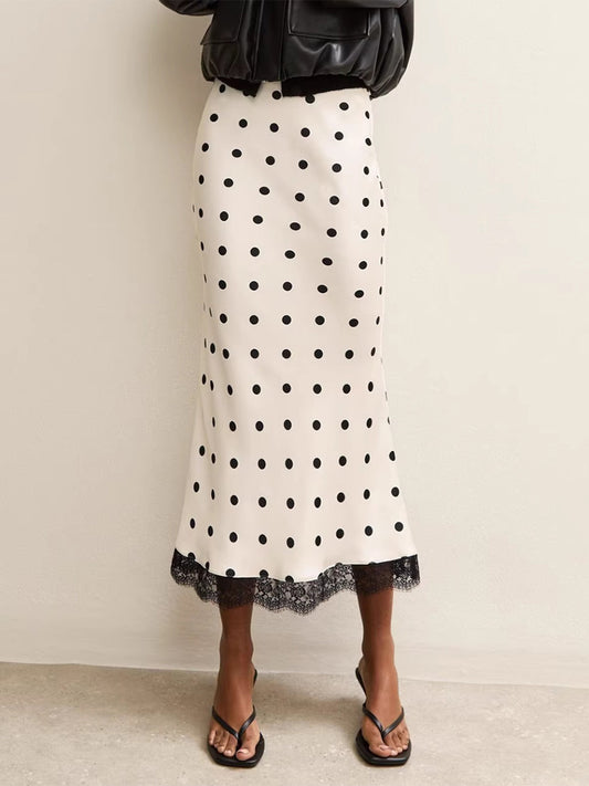 Polka Dot Lace Trim High Waist Midi Mermaid Skirt For Women 2026
