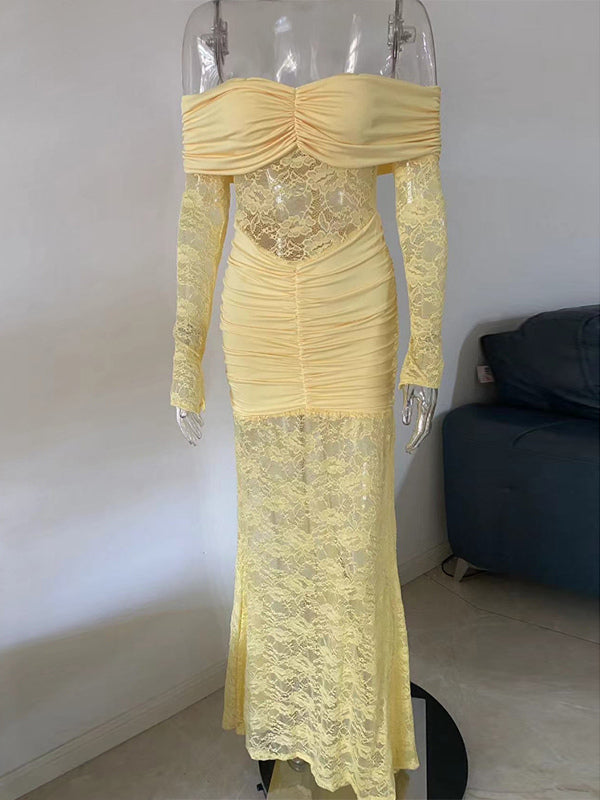 Off Shoulder Ruched Lace Splicing Long Sleeve Bodycon Maxi Dress For Women 2026