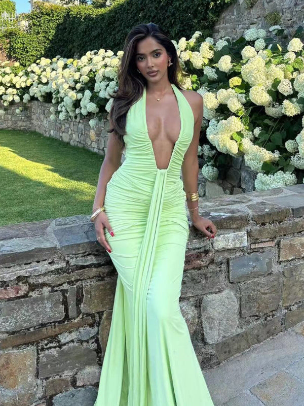 Deep V Neck Halter Ruched Bodycon Floor Length Mermaid Gown For Women 2026