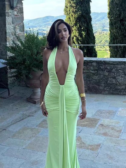 Deep V Neck Halter Ruched Bodycon Floor Length Mermaid Gown For Women 2026