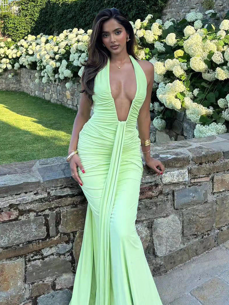 Deep V Neck Halter Ruched Bodycon Floor Length Mermaid Gown For Women 2026