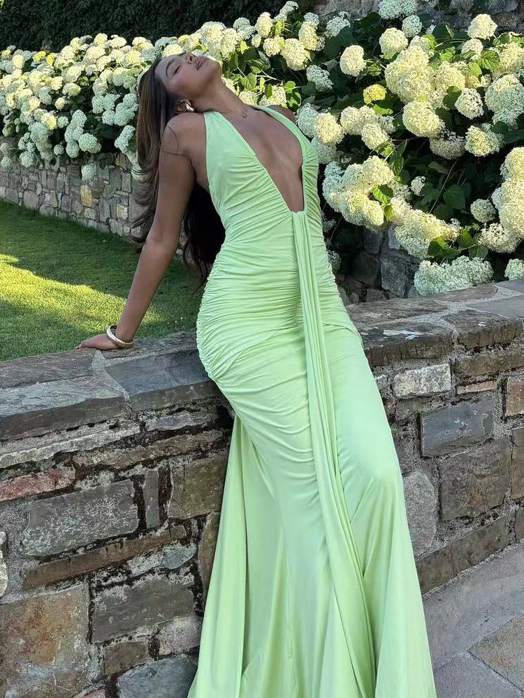 Deep V Neck Halter Ruched Bodycon Floor Length Mermaid Gown For Women 2026