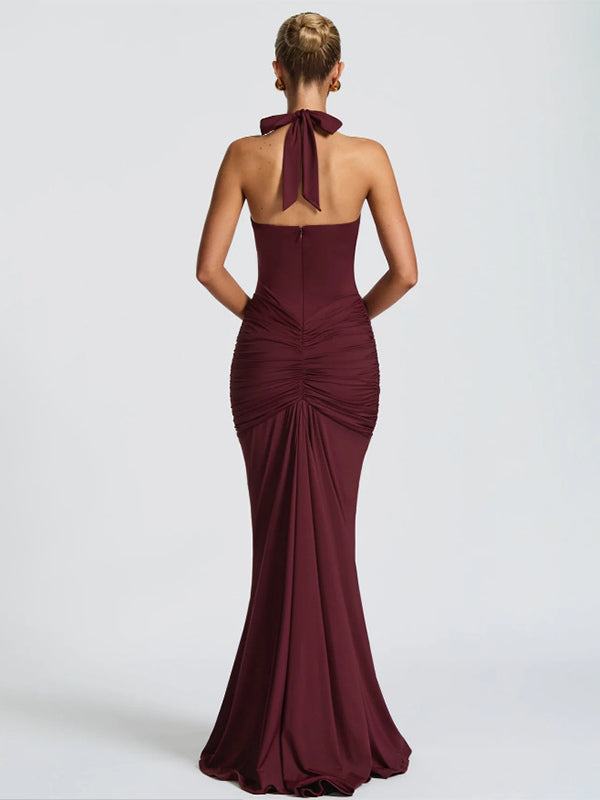 Deep V Neck Halter Ruched Bodycon Floor Length Mermaid Gown For Women 2026