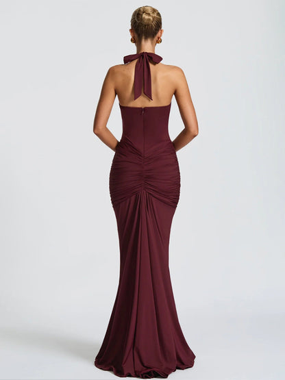 Deep V Neck Halter Ruched Bodycon Floor Length Mermaid Gown For Women 2026