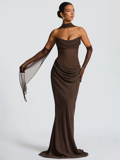 Ruched Waist Slim Fit Mermaid Maxi Prom Dress With Scarf For Women 2026