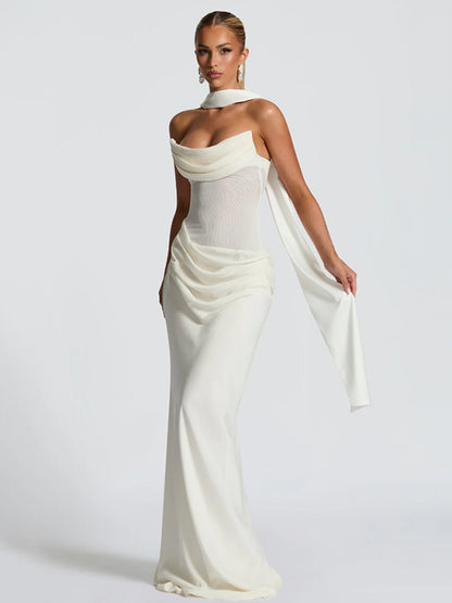 Ruched Waist Slim Fit Mermaid Maxi Prom Dress With Scarf For Women 2026