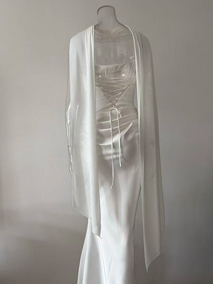 Ruched Waist Slim Fit Mermaid Maxi Prom Dress With Scarf For Women 2026