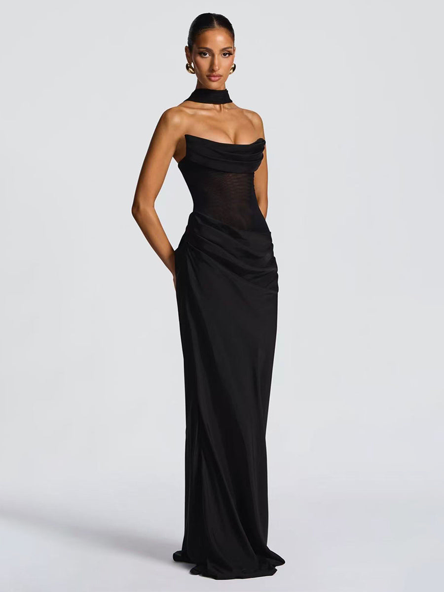 Ruched Waist Slim Fit Mermaid Maxi Prom Dress With Scarf For Women 2026