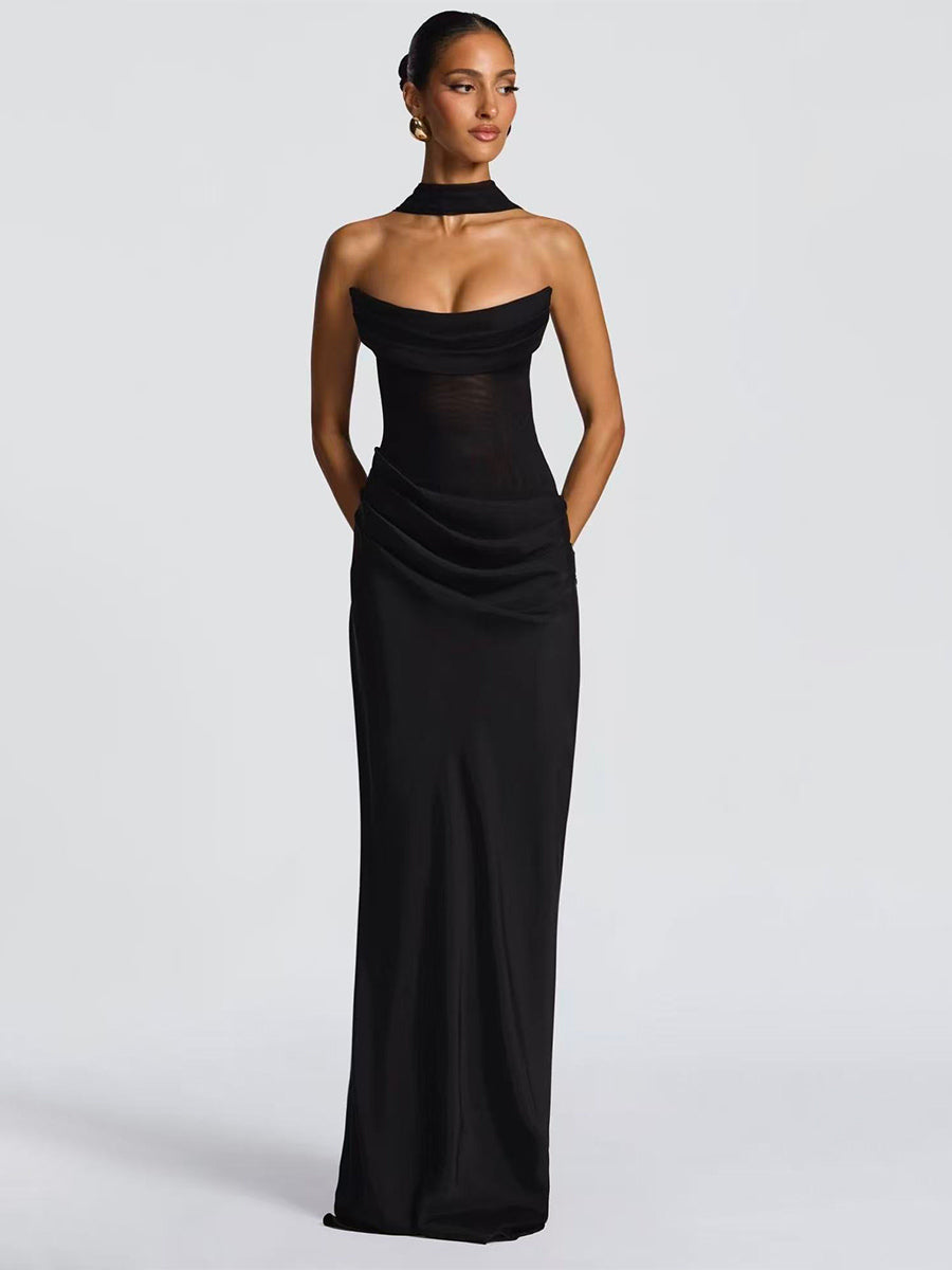 Ruched Waist Slim Fit Mermaid Maxi Prom Dress With Scarf For Women 2026