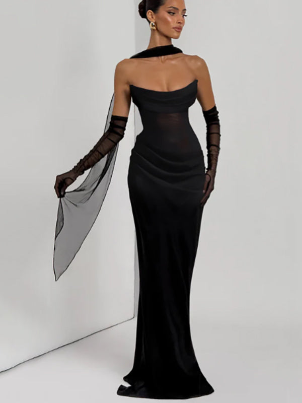 Ruched Waist Slim Fit Mermaid Maxi Prom Dress With Scarf For Women 2026