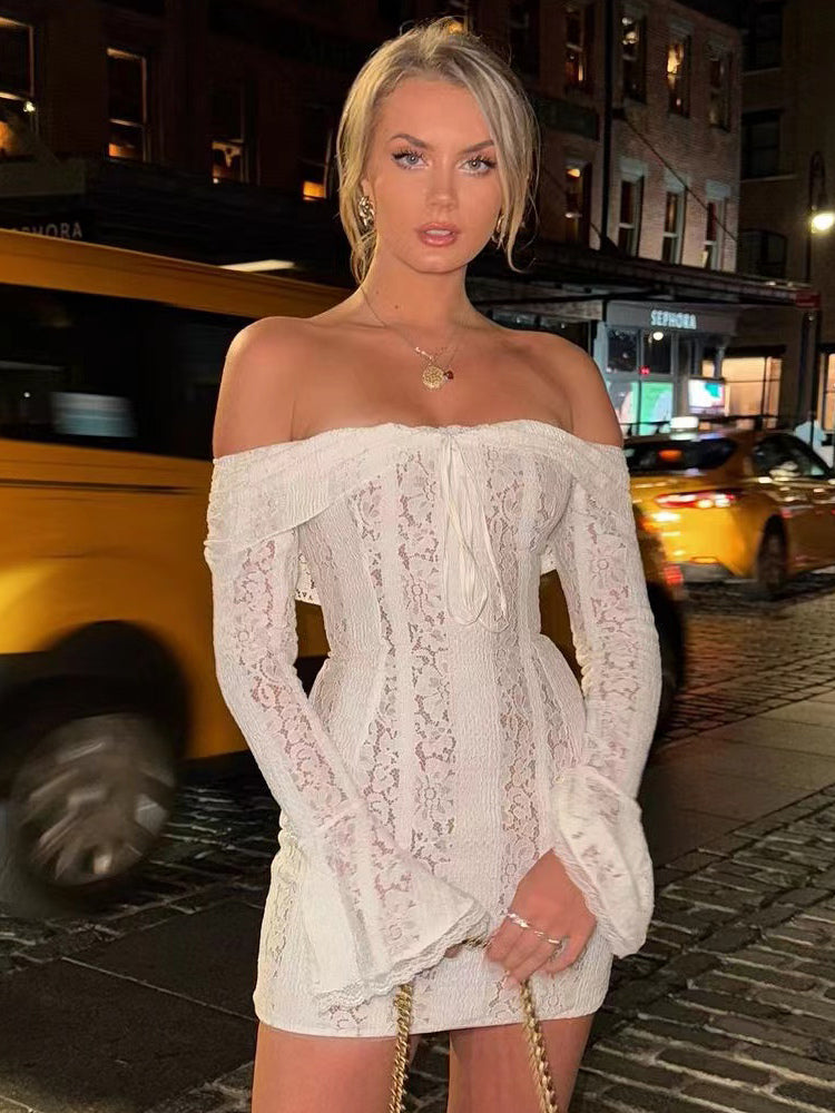 Lace Off Shoulder Long Sleeve Flare Cuff Bodycon Mini Dress For Women 2026
