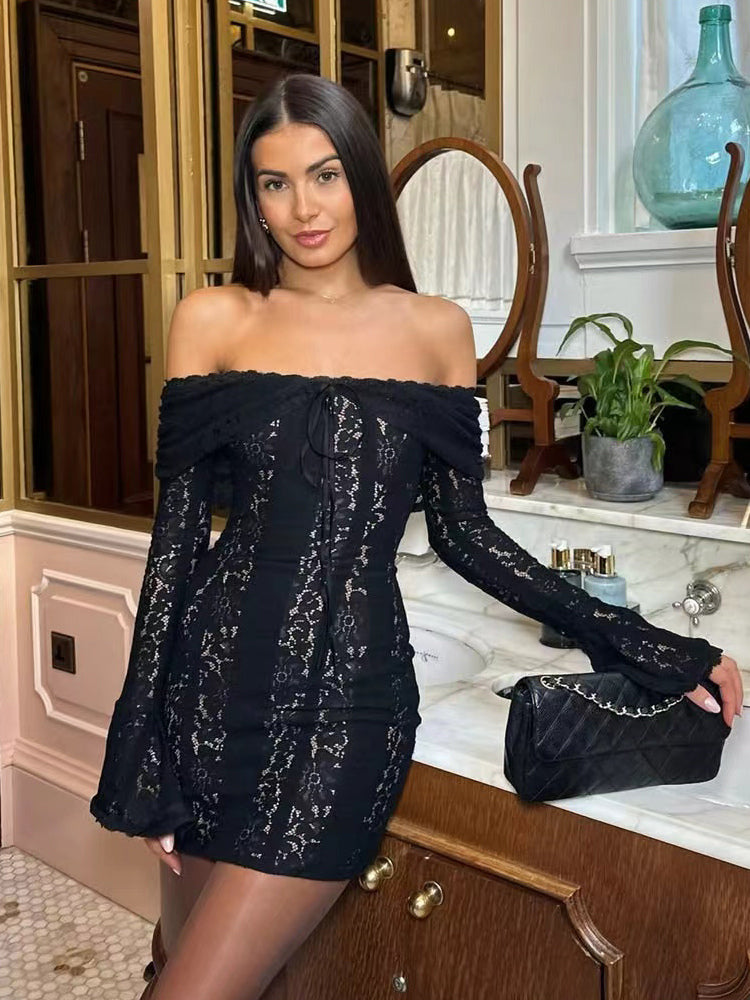 Lace Off Shoulder Long Sleeve Flare Cuff Bodycon Mini Dress For Women 2026