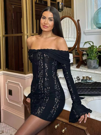 Lace Off Shoulder Long Sleeve Flare Cuff Bodycon Mini Dress For Women 2026