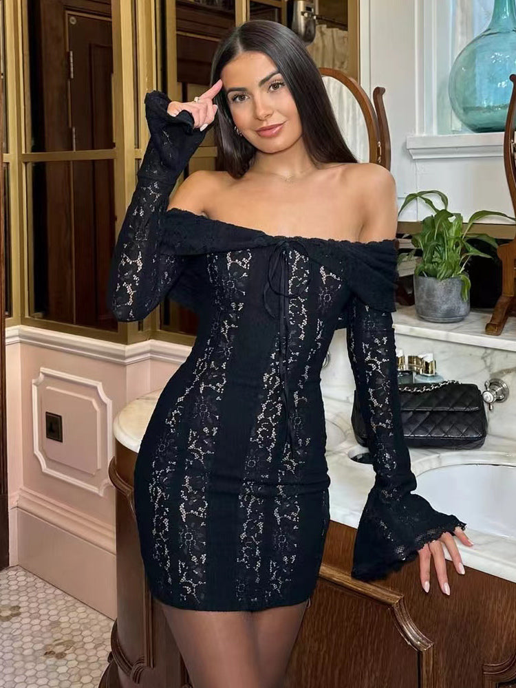 Lace Off Shoulder Long Sleeve Flare Cuff Bodycon Mini Dress For Women 2026