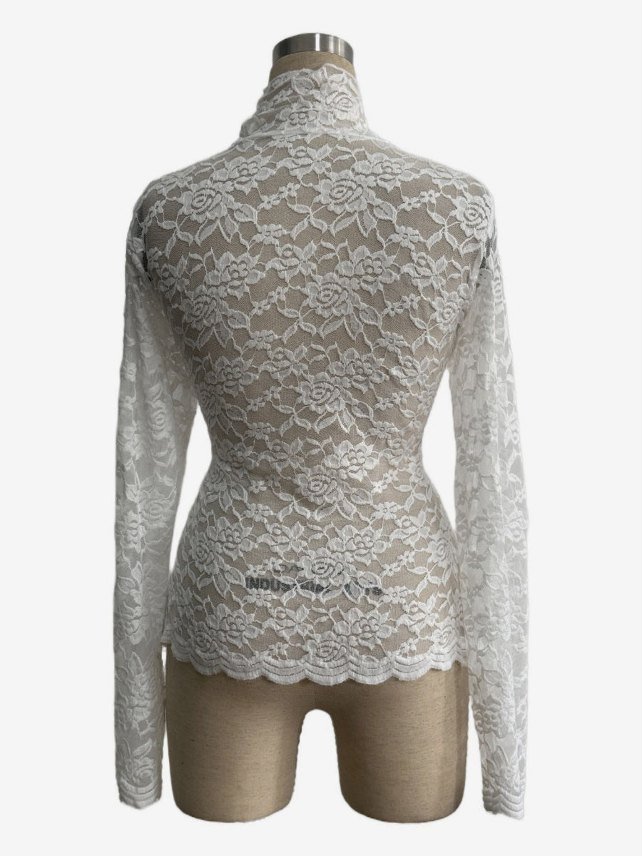 High Neck Floral Lace Long Sleeve Sheer Slim Fit Top For Women 2026