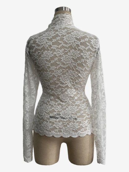 High Neck Floral Lace Long Sleeve Sheer Slim Fit Top For Women 2026