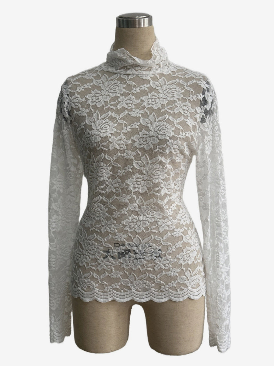 High Neck Floral Lace Long Sleeve Sheer Slim Fit Top For Women 2026