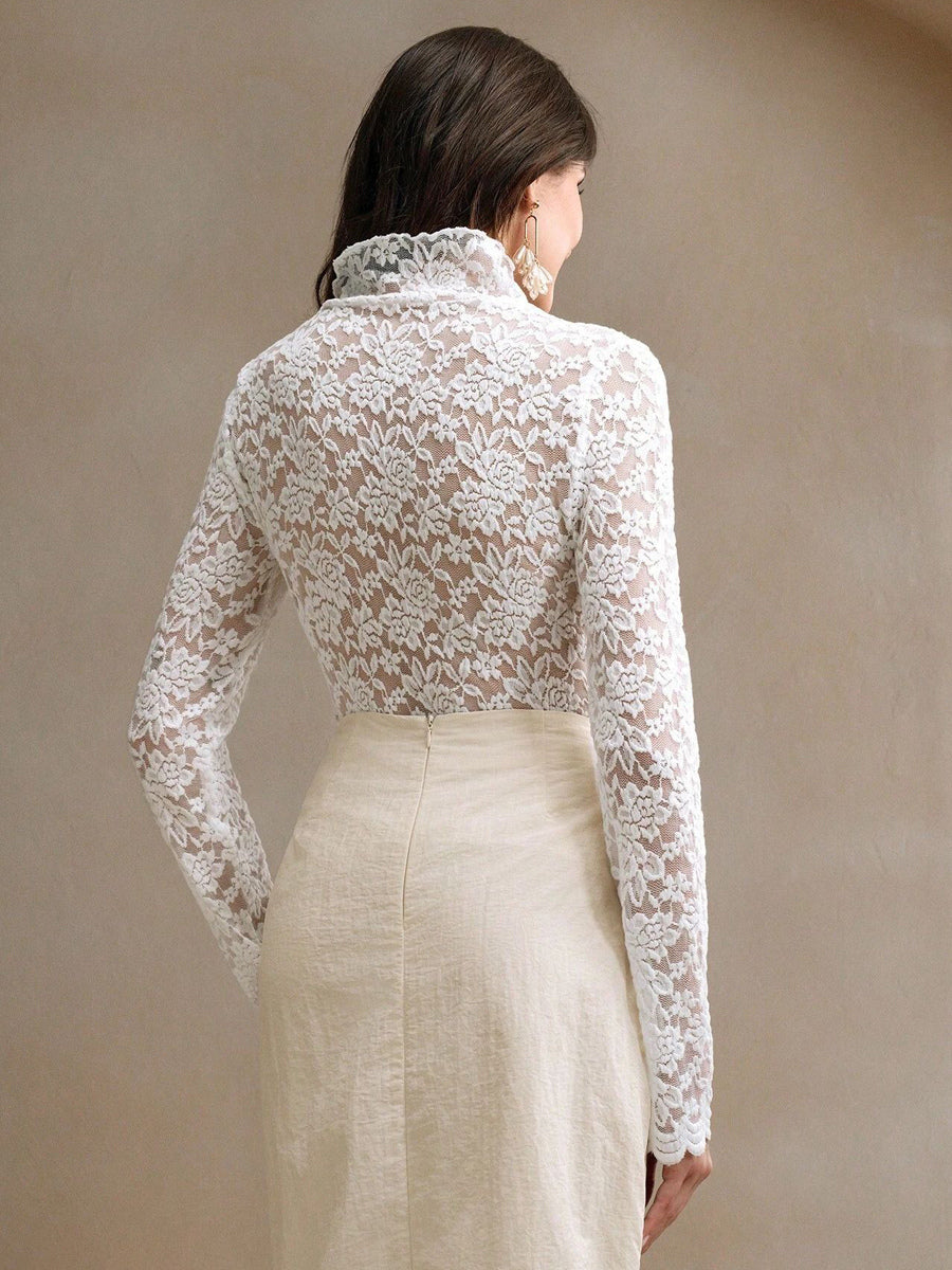High Neck Floral Lace Long Sleeve Sheer Slim Fit Top For Women 2026