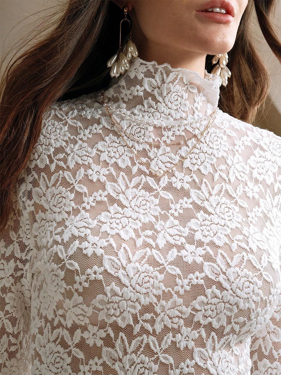 High Neck Floral Lace Long Sleeve Sheer Slim Fit Top For Women 2026