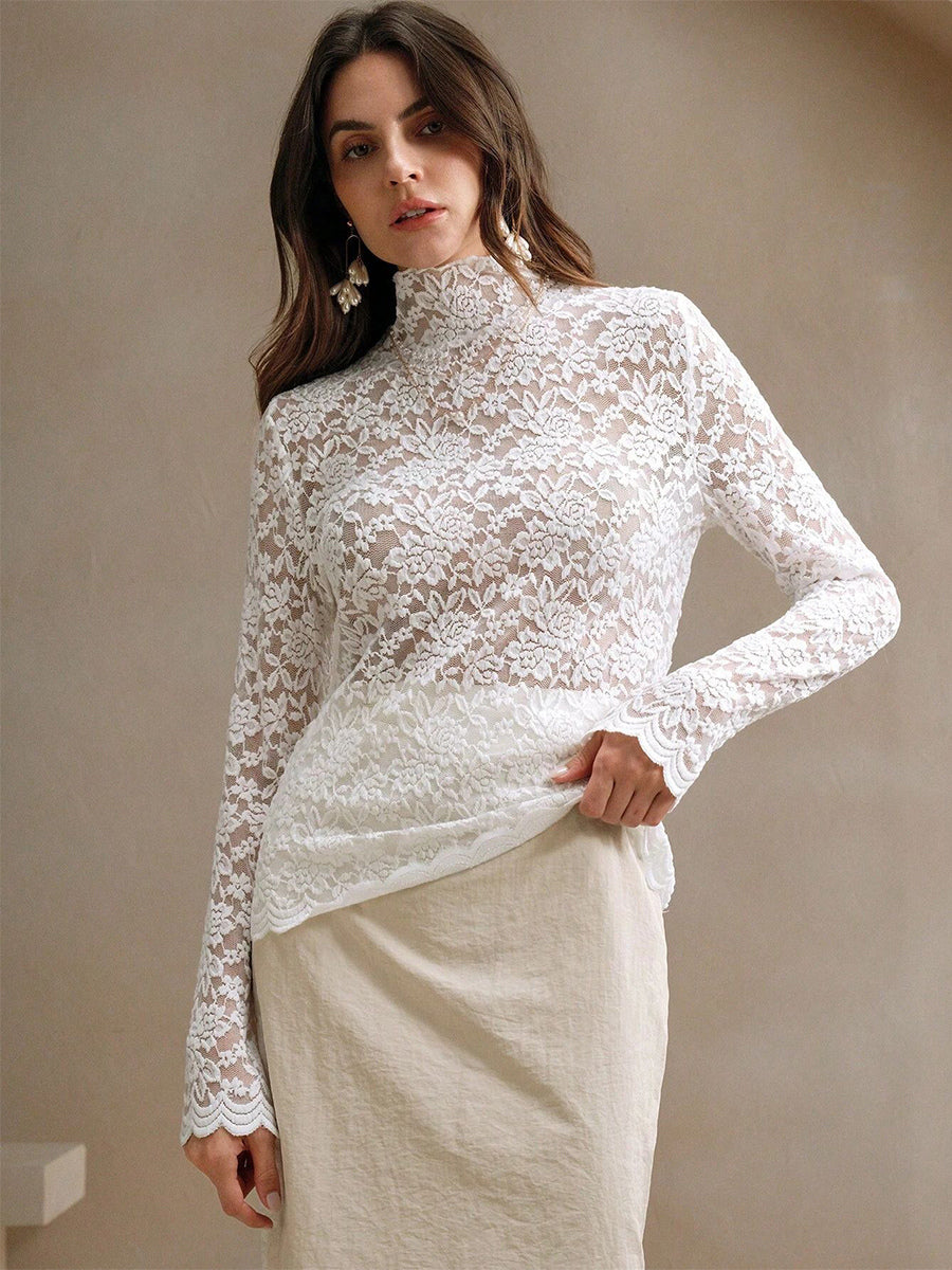 High Neck Floral Lace Long Sleeve Sheer Slim Fit Top For Women 2026