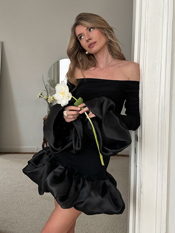 Off Shoulder Puff Hem Ruched Long Sleeve Bodycon Mini Dress For Women 2026
