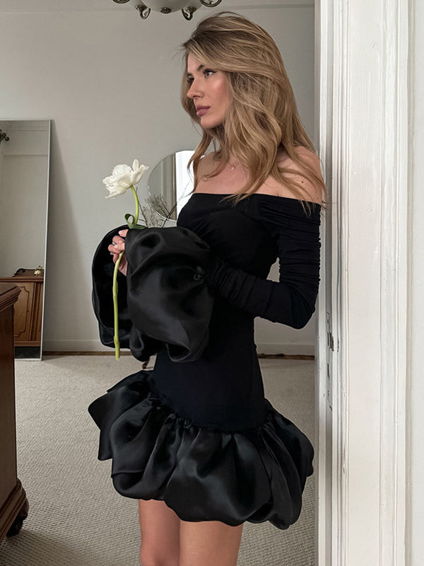 Off Shoulder Puff Hem Ruched Long Sleeve Bodycon Mini Dress For Women 2026