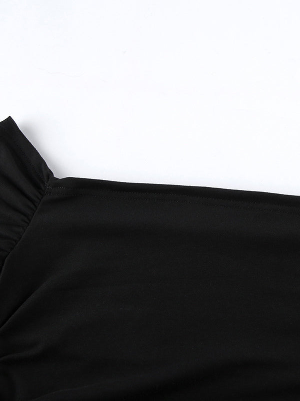 Off Shoulder Puff Hem Ruched Long Sleeve Bodycon Mini Dress For Women 2026