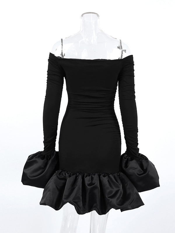 Off Shoulder Puff Hem Ruched Long Sleeve Bodycon Mini Dress For Women 2026