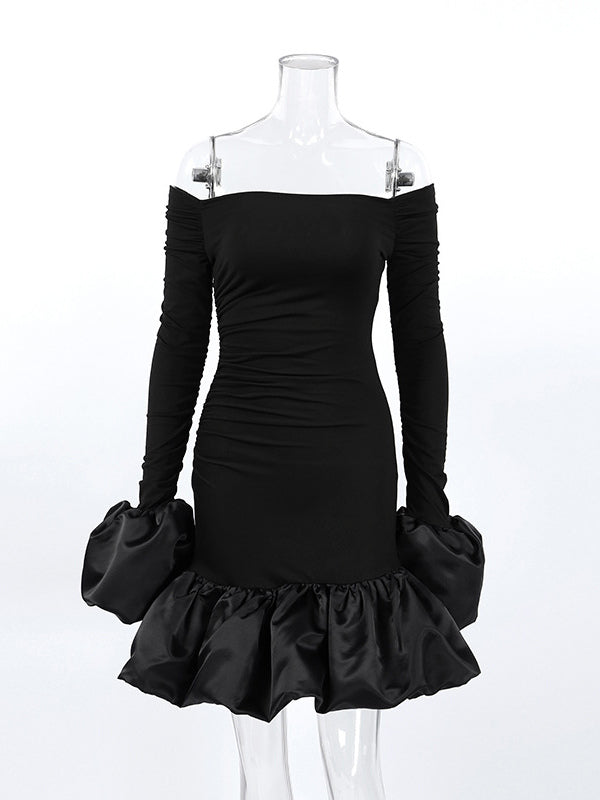 Off Shoulder Puff Hem Ruched Long Sleeve Bodycon Mini Dress For Women 2026