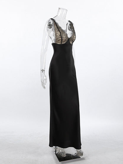 Elegant Lace V-Neck Slim Fit Slip Summer Long Dress For Women 2026
