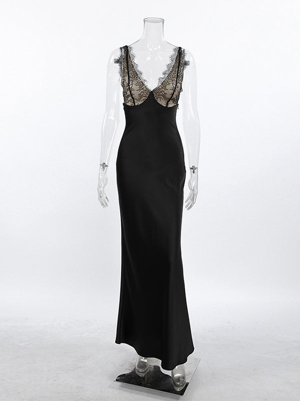 Elegant Lace V-Neck Slim Fit Slip Summer Long Dress For Women 2026