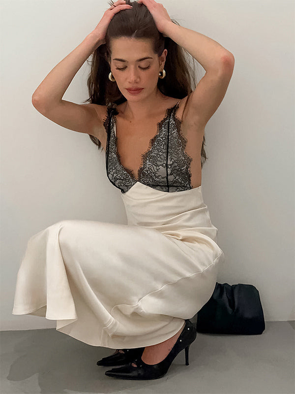 Elegant Lace V-Neck Slim Fit Slip Summer Long Dress For Women 2026