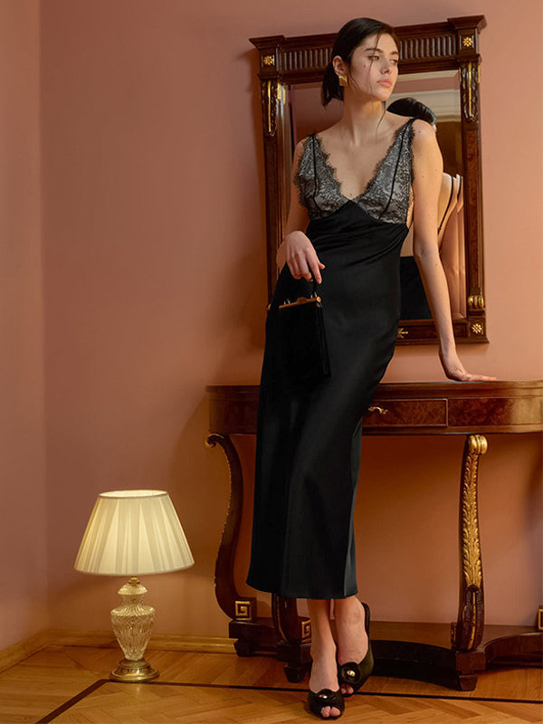 Elegant Lace V-Neck Slim Fit Slip Summer Long Dress For Women 2026