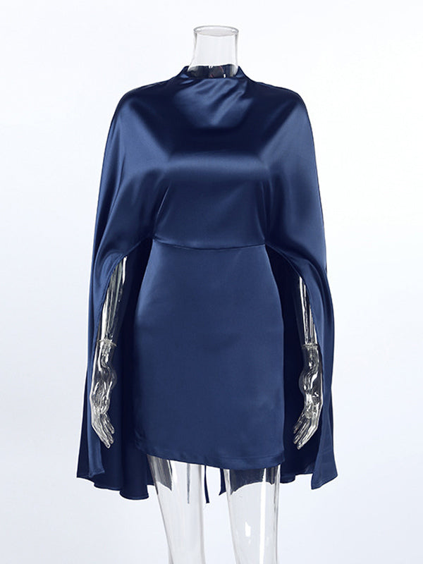 Satin Cape Sleeve High Neck Bodycon Mini Dress For Women 2026