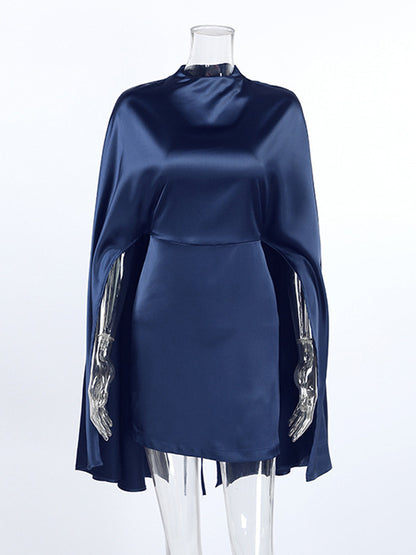 Satin Cape Sleeve High Neck Bodycon Mini Dress For Women 2026