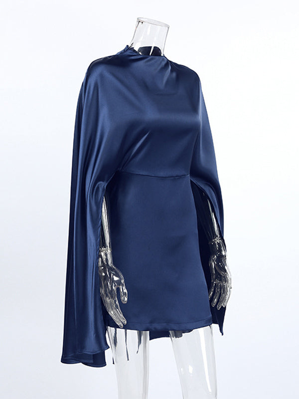 Satin Cape Sleeve High Neck Bodycon Mini Dress For Women 2026