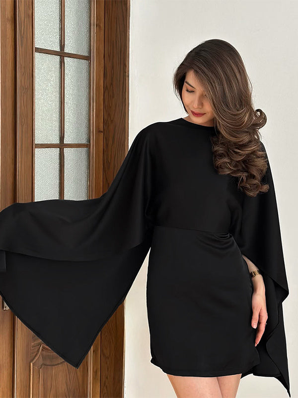 Satin Cape Sleeve High Neck Bodycon Mini Dress For Women 2026