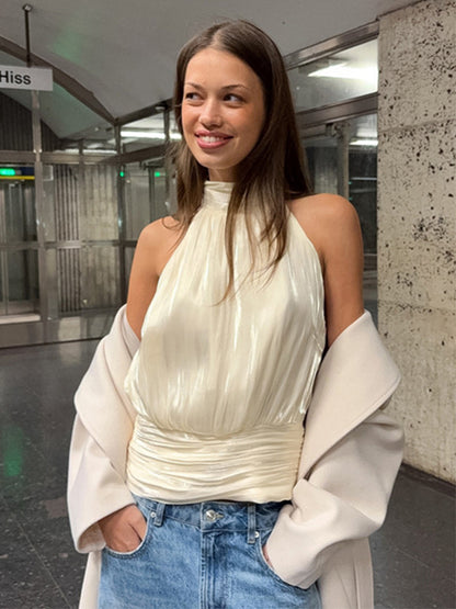 Halter Neck Ruched Sleeveless Backless Party Blouse Top For Women 2026
