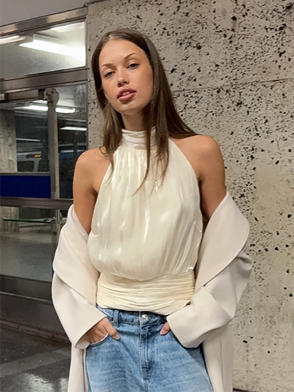 Halter Neck Ruched Sleeveless Backless Party Blouse Top For Women 2026