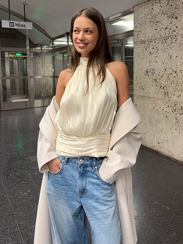 Halter Neck Ruched Sleeveless Backless Party Blouse Top For Women 2026