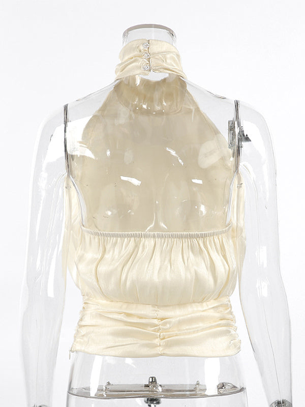 Halter Neck Ruched Sleeveless Backless Party Blouse Top For Women 2026