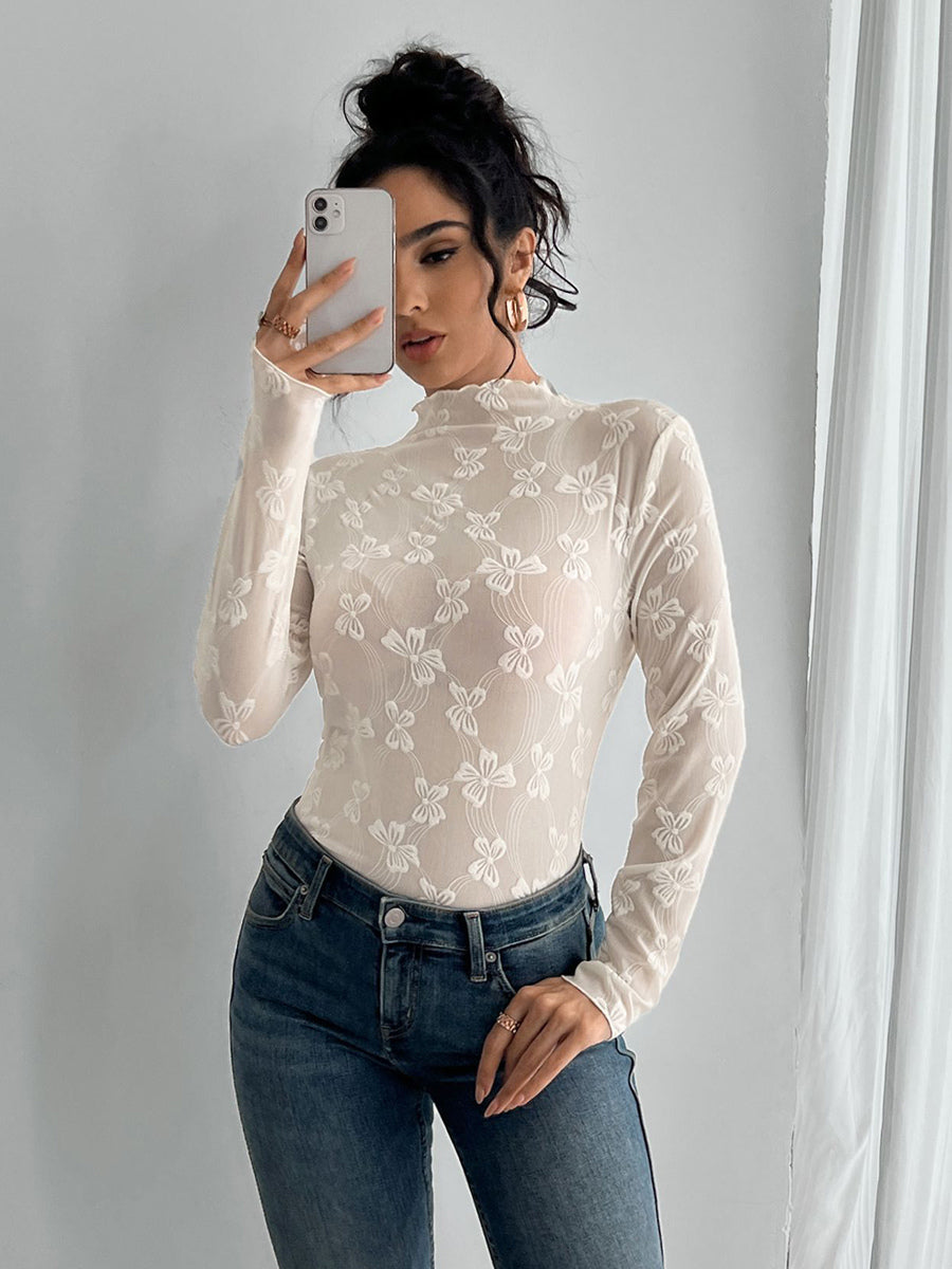 Transparent Mesh Long Sleeve Top With Allover Bow Jacquard For Women 2026