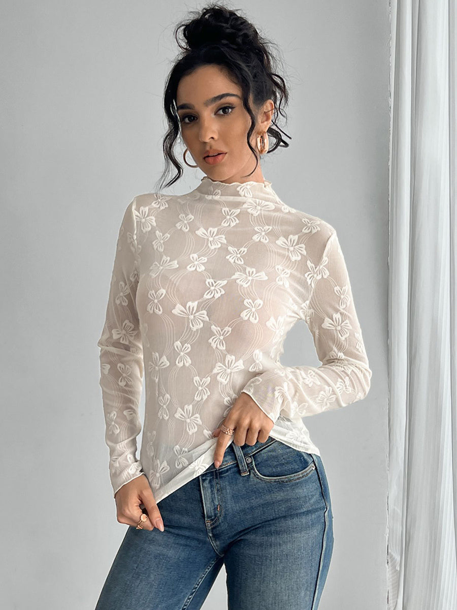 Transparent Mesh Long Sleeve Top With Allover Bow Jacquard For Women 2026
