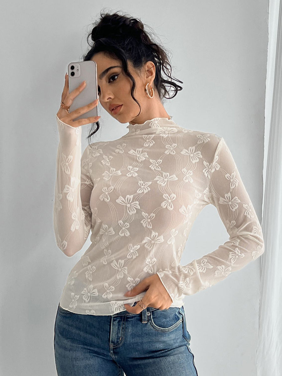 Transparent Mesh Long Sleeve Top With Allover Bow Jacquard For Women 2026