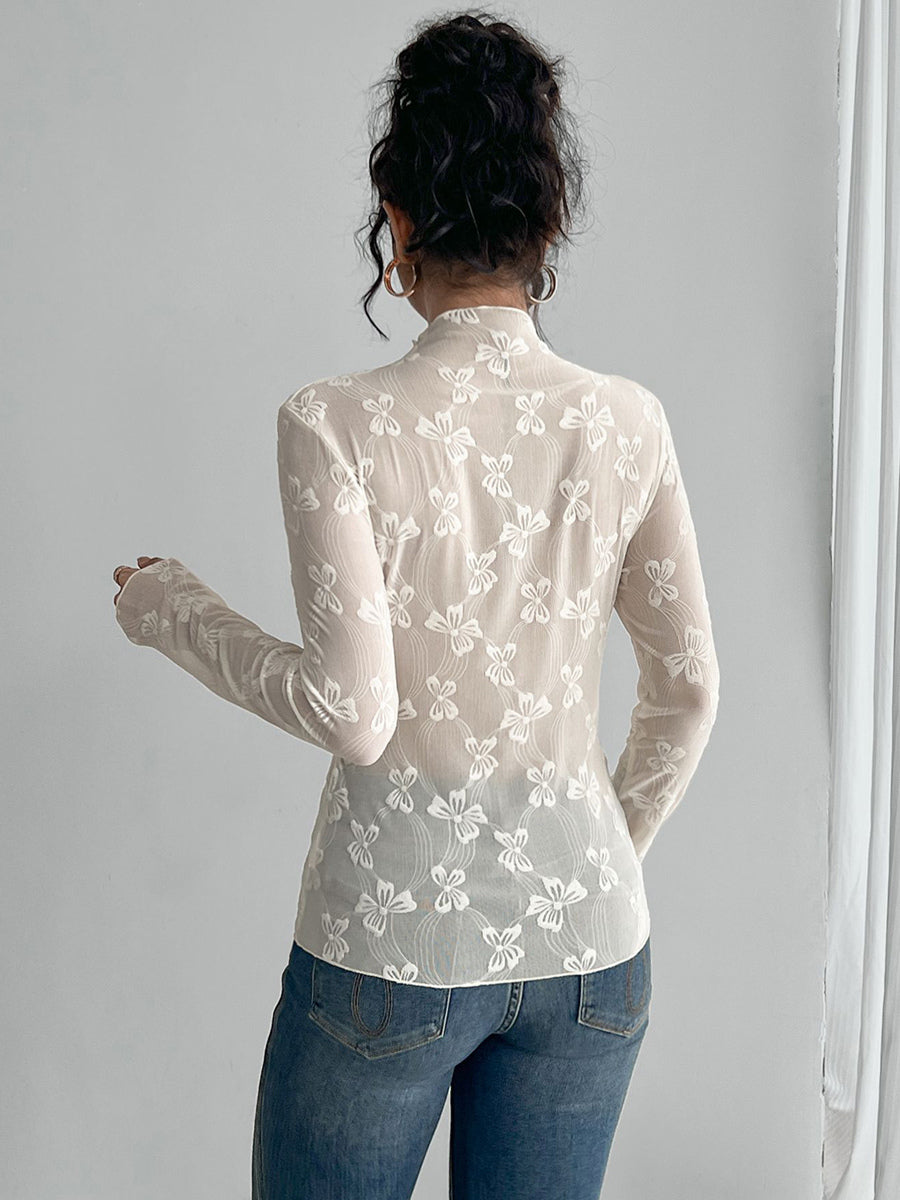 Transparent Mesh Long Sleeve Top With Allover Bow Jacquard For Women 2026