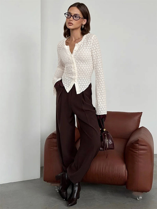 Knitted Hollow Out Slim Cardigan Top With Flare Sleeves For Women 2026