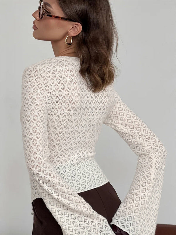 Knitted Hollow Out Slim Cardigan Top With Flare Sleeves For Women 2026