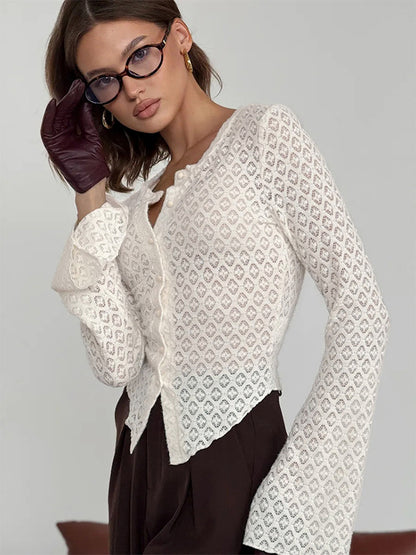 Knitted Hollow Out Slim Cardigan Top With Flare Sleeves For Women 2026