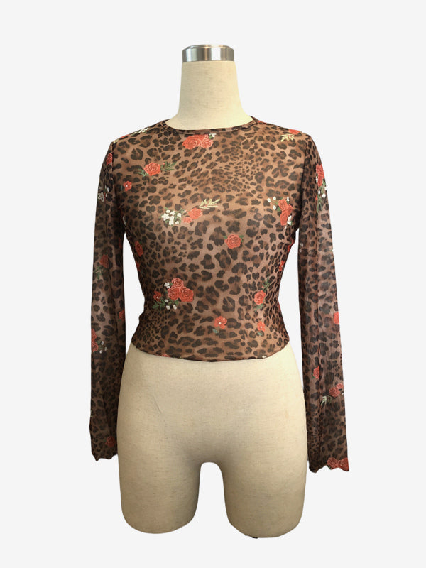 Leopard And Rose Floral Print Mesh Slim Fit Long Sleeve Crop Top For Women 2026